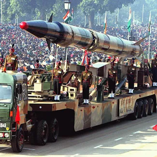 An intermediate range ballistic missile on a launcher during a parade in New Delhi on January 26, 2004.