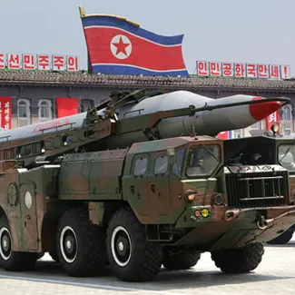 A missile on a military vehicle during a parade in Pyongyang on July 27, 2013.