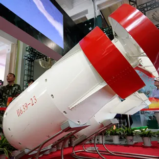 A model of the first Chinese H-bomb (H639-23) is displayed in Beijing on September 21, 2009, at an exhibition showcasing the achievements China has made in the past six decades.
