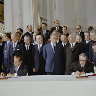U.S. President Richard Nixon and Soviet leader Leonid Brezhnev sign the Interim Strategic Arms Limitations Treaty (SALT) agreement in the Kremlin in Moscow on May 26, 1972.