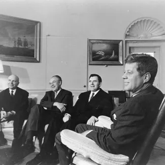 President John F. Kennedy meets USSR Minister of Foreign Affairs Andrei Gromyko, seated to Kennedy’s right, and other Soviet dignitaries, on October 18, 1962.