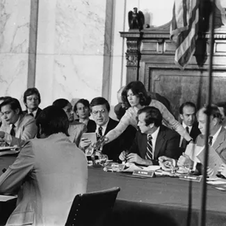 Senator Frank Church presides over a news conference at the release of the Church Committee’s final report on government operations with respect to intelligence activities, on April 28, 1976.