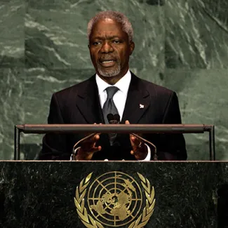 UN Secretary General Kofi Annan delivers his speech at the start of the 2005 World Summit and 60th General Assembly of the United Nations, where the Responsibility to Protect (R2P) doctrine was adopted, in New York on September 14, 2005.