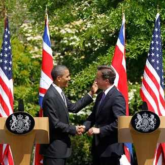 U.S. President Barack Obama and British Prime Minister David Cameron hold a news conference at Lancaster House in London on May 25, 2011. Obama held talks with Cameron on the NATO effort to force out Gadaffi.