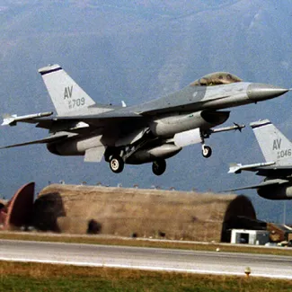 Two F-16 Fighting Falcon planes of the U.S. Air Force take off for Bosnia from the Aviano Nato Air Base in November 1994.