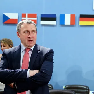Ukrainian Foreign Minister Andriy Deshchytsia (left) waits for the start of a NATO-Ukraine foreign ministers meeting at the NATO headquarters in Brussels on April 1, 2014.