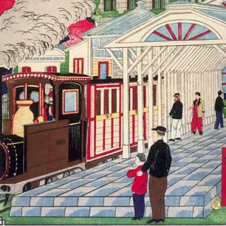 A depiction of the the Tokyo terminus of the Tokyo-Yokohama railway, built in 1872, during the Meiji era.