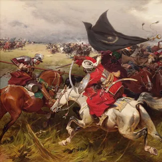 A painting of Polish and Turkish fighters on a battlefield.