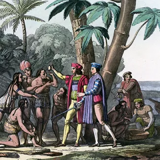 A depiction of Christopher Columbus landing on the Caribbean island of Hispaniola and meeting the natives in 1492.