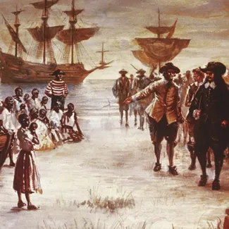 An engraving shows the arrival of a Dutch slave ship with a group of African slaves for sale in Jamestown, Virginia, in 1619.