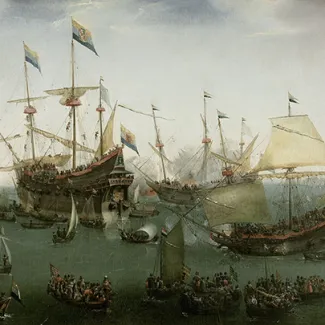 A painting of Dutch ships returning to Amsterdam from the Indies in 1599. 