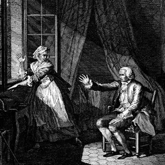 An engraving of Jean Jacques Rousseau, a French Enlightenment philosopher, reaching to the light and speaking to his wife just before his death in 1778.