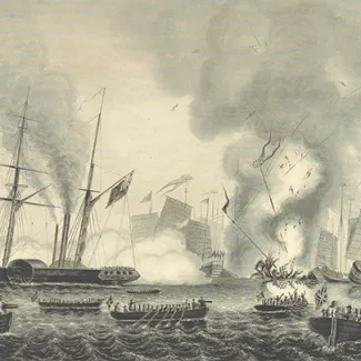 The East India steamer "Nemesis" and other boats destroying Chinese war junks in Anson's Bay on January 7, 1841 during the First Opium War.