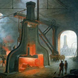 The steam hammer, invented by the Scottish engineer and inventor James Nasmyth, erected in his foundry near Manchester in 1832.