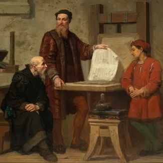 A painting of Gutenberg with his invention, the printing press.