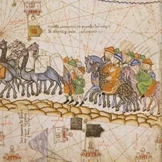 A depiction of a caravan on the Silk Road from the Catalan Atlas.