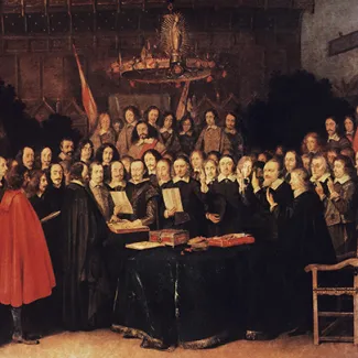 A painting of the swearing of the oath of ratification of the Treaty of Münster, part of the Peace of Westphalia, on October 24, 1648.