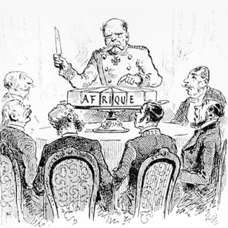 French political cartoon depicts German Chancellor Otto von Bismarck slicing up cake labeled "Africa" at the Berlin Conference in 1884.