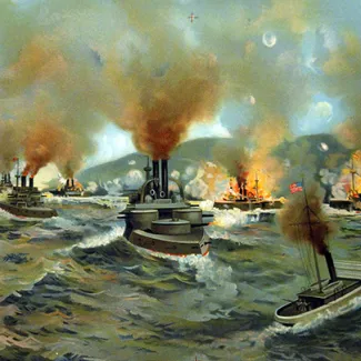 A depiction of the naval Battle of Santiago de Cuba on July 3, 1898, during the Spanish-American War.
