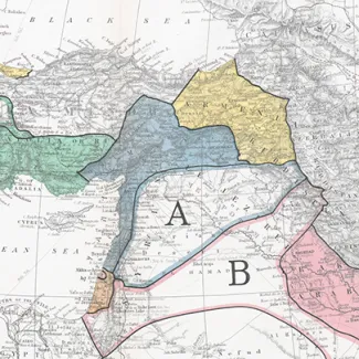 A map from 1919 illustrating the Sykes-Picot Agreement.
