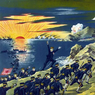 A woodcut illustration of the Japanese Second Army landing on the Liaodong Peninsula, causing the Russian troops to flee during the Russo-Japanese war in 1904.