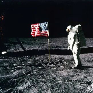 U.S. astronaut Buzz Aldrin salutes the American flag on the surface of the Moon after he and fellow astronaut Neil Armstrong became the first men to land on the Moon during the Apollo 11 space mission on July 20, 1969.