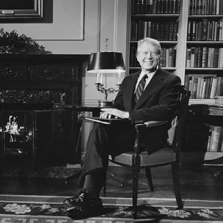 President Jimmy Carter at the White House during a fireside chat on the Panama Canal Treaty in Washington, D.C. on February 1, 1978.