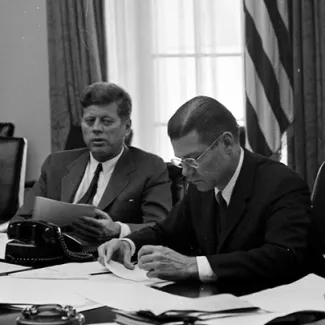 President John F. Kennedy meets members of the Executive Committee of the National Security Council regarding the Cuban missile crisis, on October 29, 1962. Secretary of Defense Robert S. McNamara is seated to Kennedy’s left.