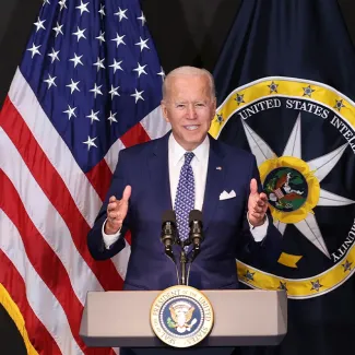 U.S. President Joe Biden delivers remarks at the Office of the Director of National Intelligence in McLean, Virginia on July 27, 2021.