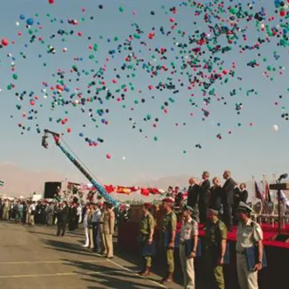 The Israel-Jordan Peace Treaty ceremony takes place at the Arava Terminal at the southern end of the two countries' border in 1994.