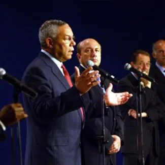 U.S. Secretary of State Colin Powell gives a joint news conference with other leading diplomats about issues in the Middle East at a World Economic Forum meeting in Jordan in 2003.