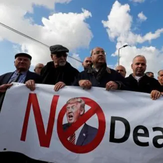 Ahmad Tibi, a Palestinian member of the Israeli Parliament, takes part in a protest against  Trump's Middle East peace plan in Baqa al-Gharbiyye, Israel on February 1, 2020.